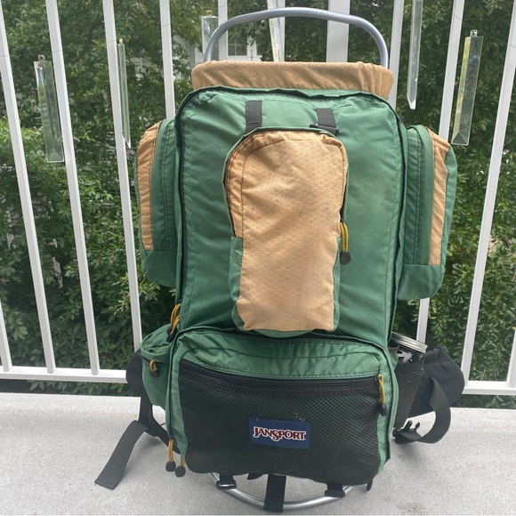 Vintage Jansport Green Aluminum External Frame Backpack Hip Wings - Picture 1 of 13